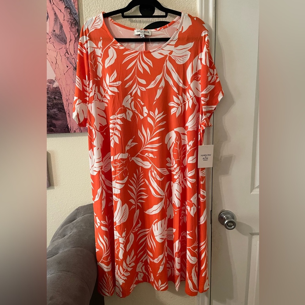 Plus Size Womens Orange White Leaf Print tropical midi Dress size 3X NEW